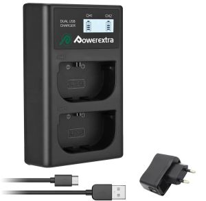 Powerextra DS-LPE6 Dual Battery Charger with USB AC/DC Power Adapter and LCD Display for Canon LP-E6, LP-E6N Battery 